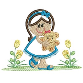 Matriz de bordado Menina com Ursinho no jardim Aplique