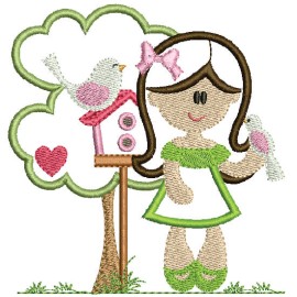 Matriz de bordado Menina no Jardim com Pssaros