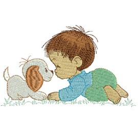 Matriz de bordado Menino e o cachorro no jardim