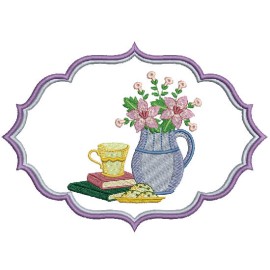 Matriz de bordado Moldura Bule e Flor 002